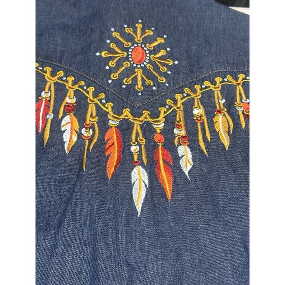 Bob Mackie Women's Medium Chambray Wearable Art Embroidered Native Feathers - Picture 14 of 15